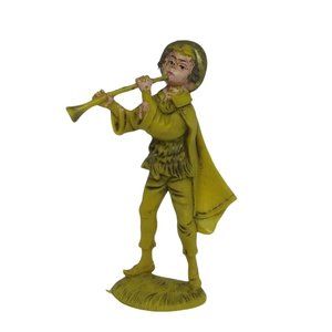 Boy Playing Horn Christmas Nativity Musician 4.25" Gold Plastic Made in Italy